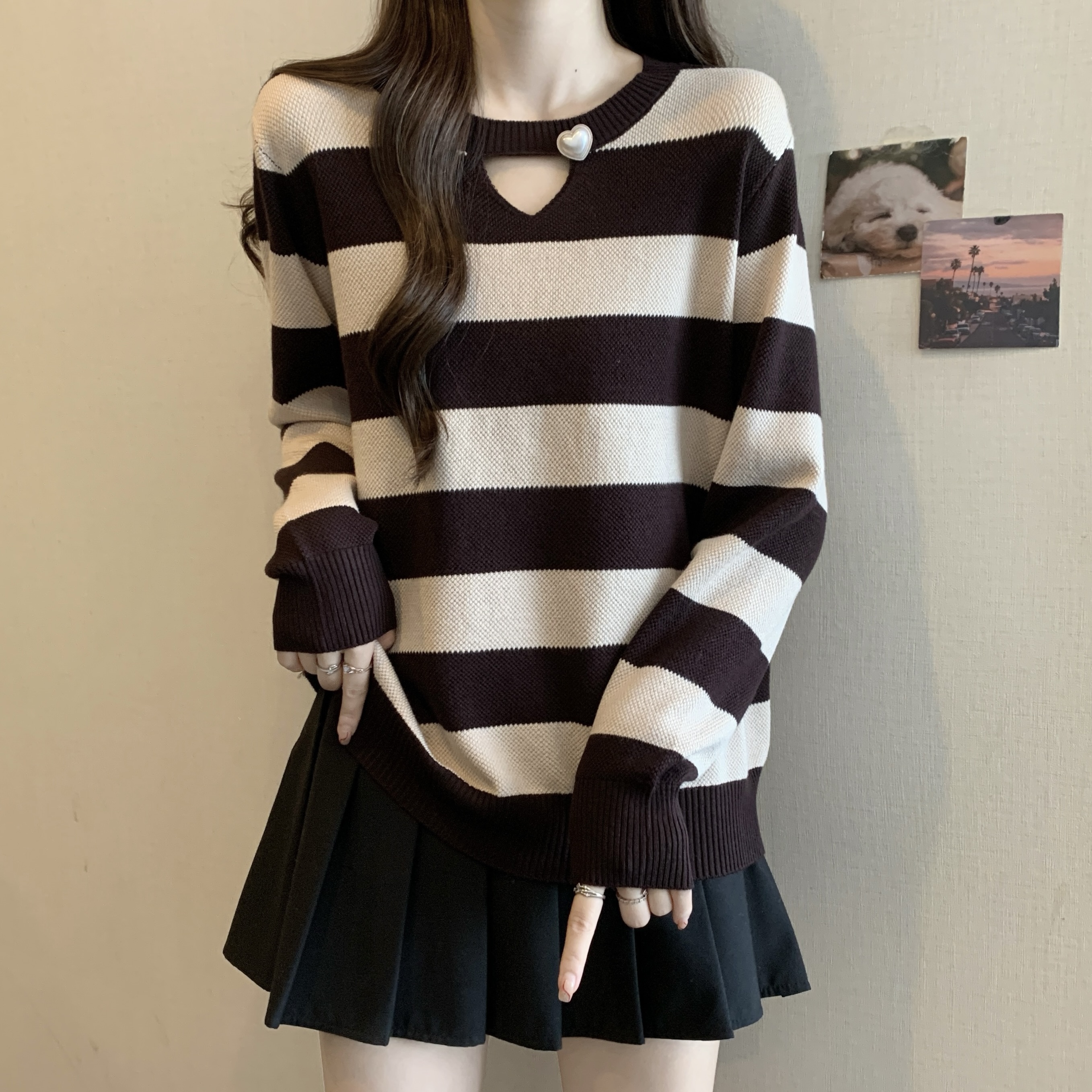 秋冬季镂空条纹长袖针织毛衣秋新款大码胖感正肩上1121k