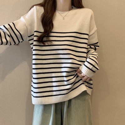 秋冬季大码女2025新款条纹针织打底衫毛衣胖mm洋气减龄显瘦1120n