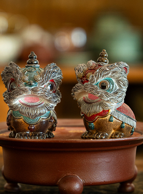 中式创意国潮珐琅醒狮树脂茶宠摆件茶桌变色装饰摆件茶空间可养