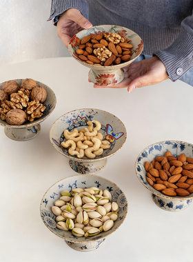 中式复古陶瓷果盘高脚碗家用客厅茶几坚果零食盘高级感干果摆放盘
