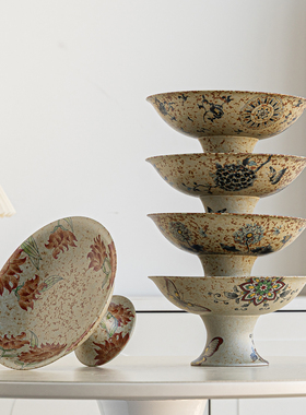 中式复古陶瓷高脚果盘家用客厅茶几花卉纹样零食水果盘茶点盘供盘