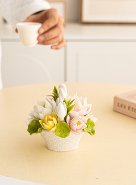 创意个性陶瓷手工捏花篮桌面摆件家居客厅玄关女士轻奢高档装饰品