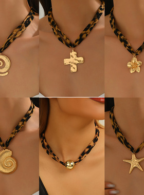 Leopard Print Cross Pendant Clavicle Chains, Various Styles