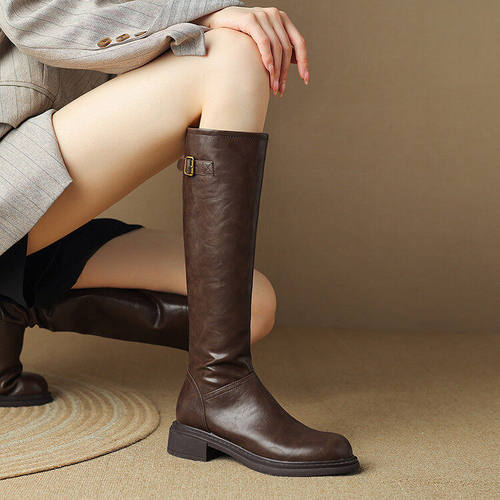 黑色真皮加绒厚底骑士长筒女靴