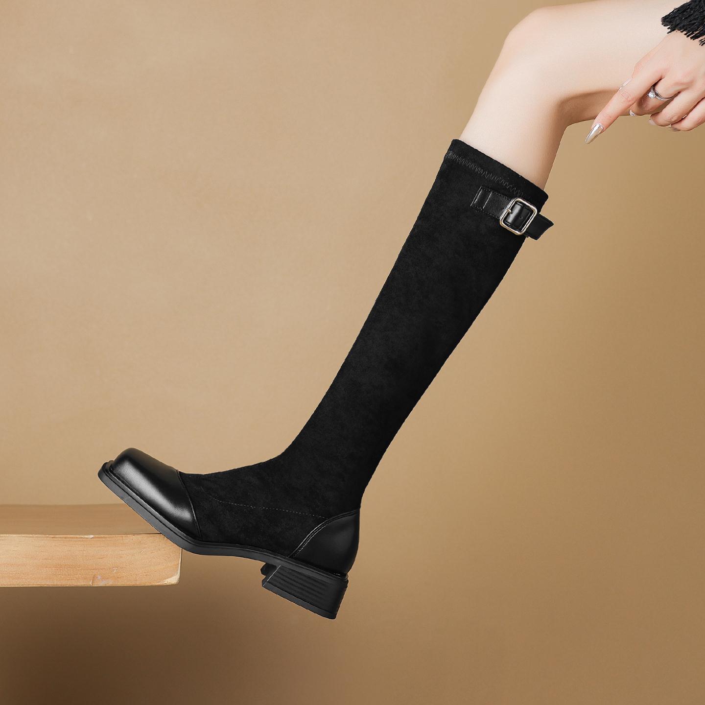 长筒靴女磨砂绒面弹力瘦瘦靴子高筒靴大码41方头43骑士靴粗跟长靴