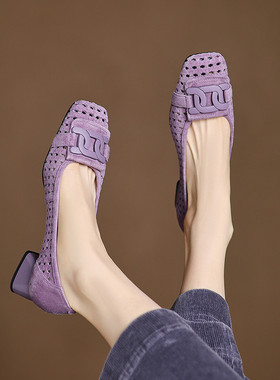 巨好穿法式单鞋女夏镂空方头中跟粗跟真皮蓝色40大码41透气凉鞋女