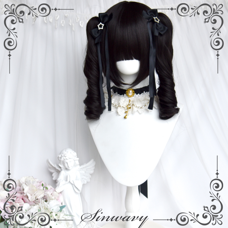 斯万家-日常可爱洛丽塔短单黑色罗马卷双马尾假发-|梨涡少女|