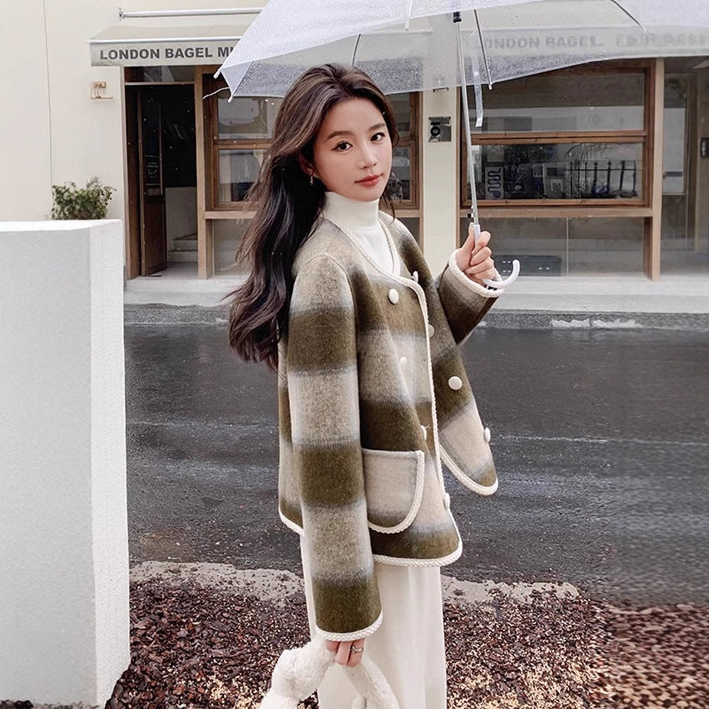 名媛小香风格子感羊绒大衣女短毛呢子外套英伦风圆领双排秋冬