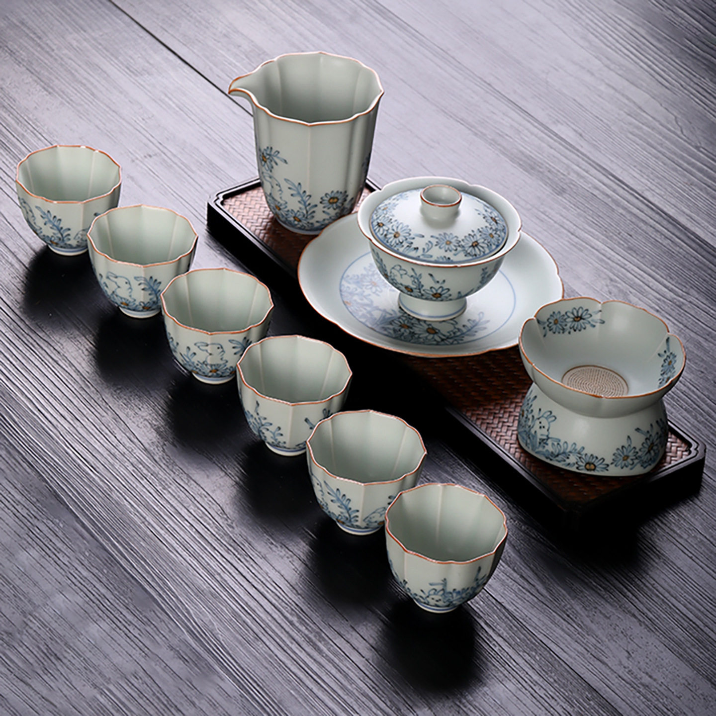 亚青釉中彩功夫茶具花口壶承盖碗一碗六杯青花高端礼品套装