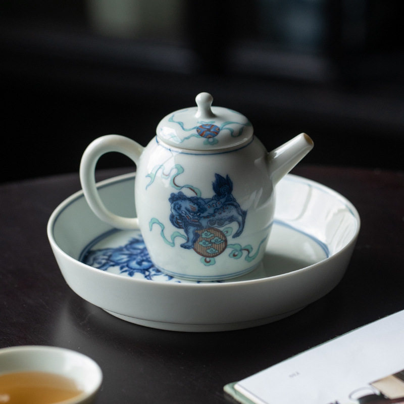 中式釉中彩青花釉里红茶壶