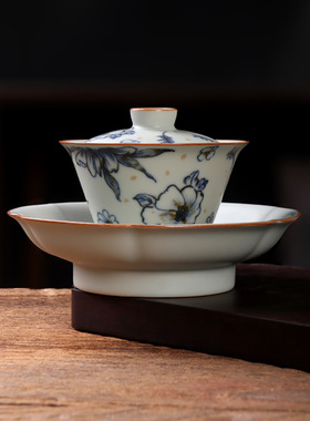 亚青釉中青花瓷壶承盖碗敬茶杯陶瓷茶具中式三才碗泡茶碗冲茶器