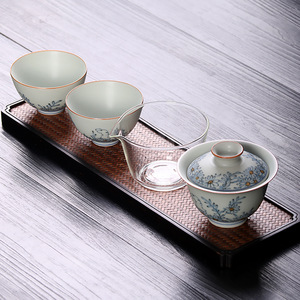 亚青釉中青花瓷二才盖碗两杯功夫茶具礼盒套装复古风随手礼品