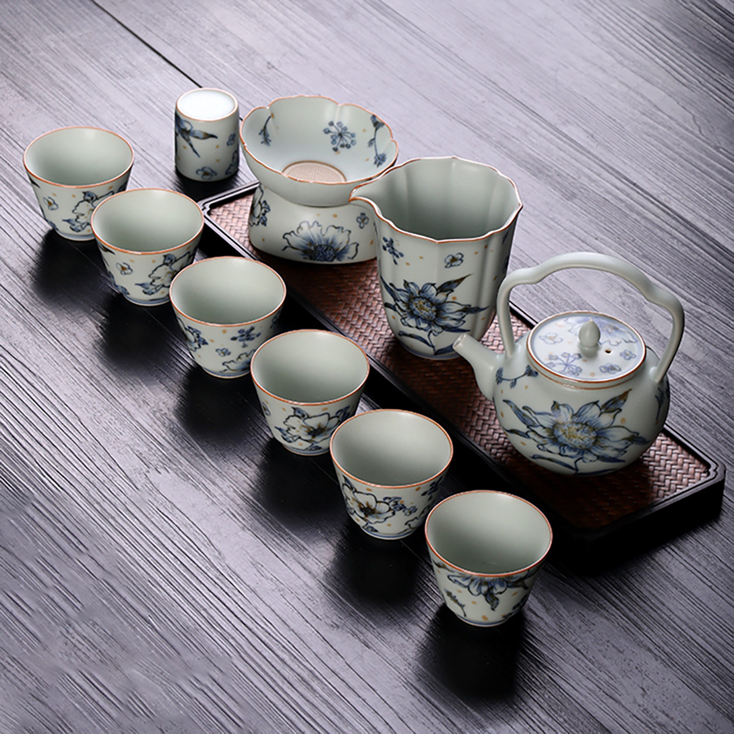亚青釉中彩功夫茶具提梁壶一壶六杯青花高端礼品套装复古风家用