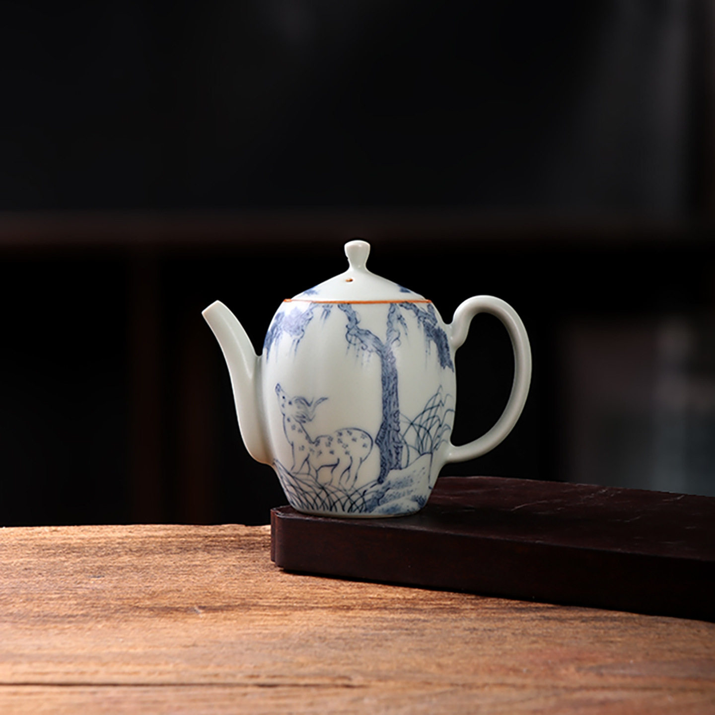 釉下贴绘小鹿美人壶青花瓷泡茶壶亚青单壶陶瓷复古太阳花中式