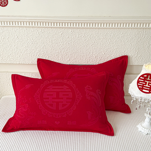结婚枕套一对全棉纱布喜庆大红色2025新款龙凤婚庆三层纯棉枕头套