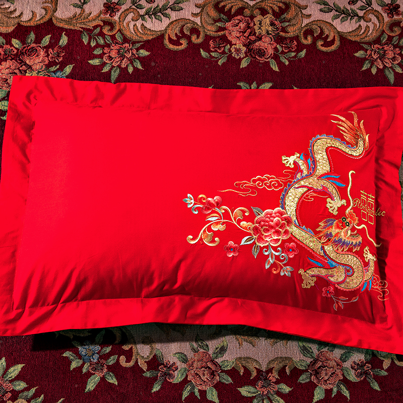 结婚枕套一对纯棉新婚喜庆大红色新款龙凤刺绣全棉婚庆鸳鸯枕头套