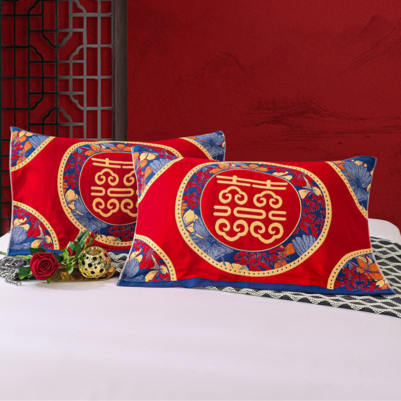 結婚大紅色全棉枕巾一對新娘陪嫁