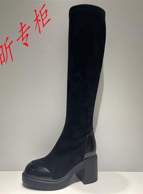 蹀愫女鞋2024冬款粗跟增高显瘦女长靴拼接圆头骑士靴子TA54709-13