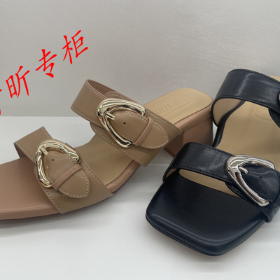 le saunda莱尔斯丹女鞋2025年夏季后空一字拖粗高跟凉鞋女6M50301