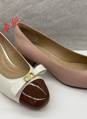 le saunda莱尔斯丹女鞋2025秋季拼色蝴蝶结浅口粗跟单鞋女6T46401