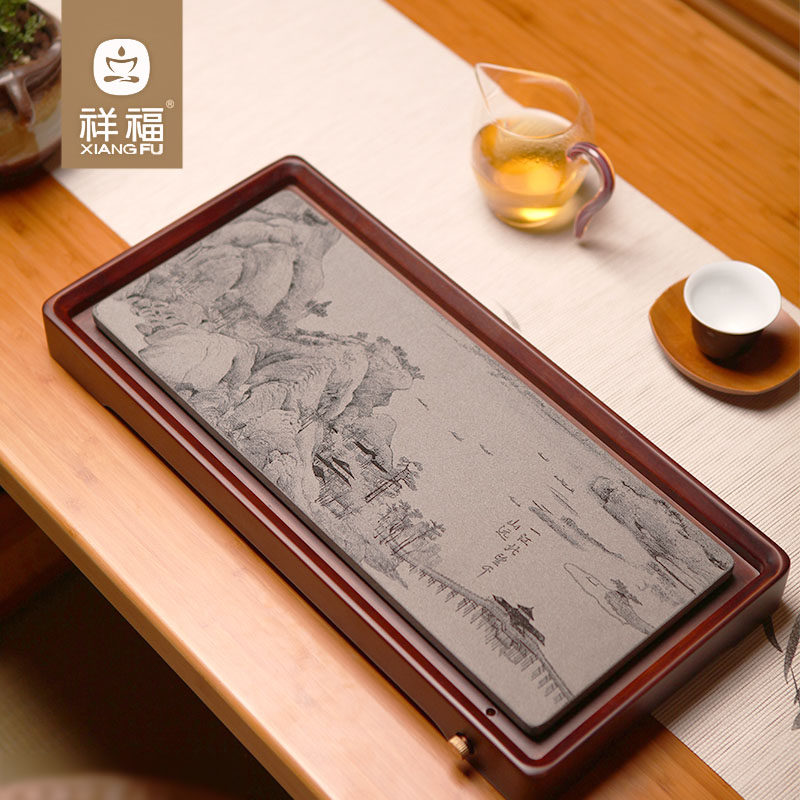 祥福乌金石竹边框茶盘山西黑石茶台家用简约茶具沥水大小托盘茶海