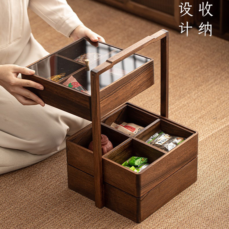 胡桃木干果盘茶糕点收纳盒高档零食分格家用客厅糖果坚果便携提蓝