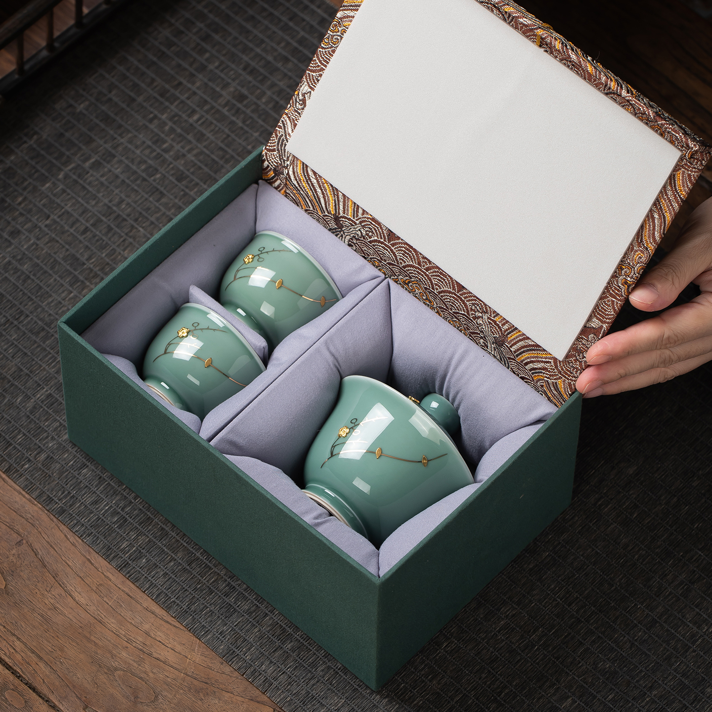 锔钉青瓷盖碗茶具茶杯礼品礼物