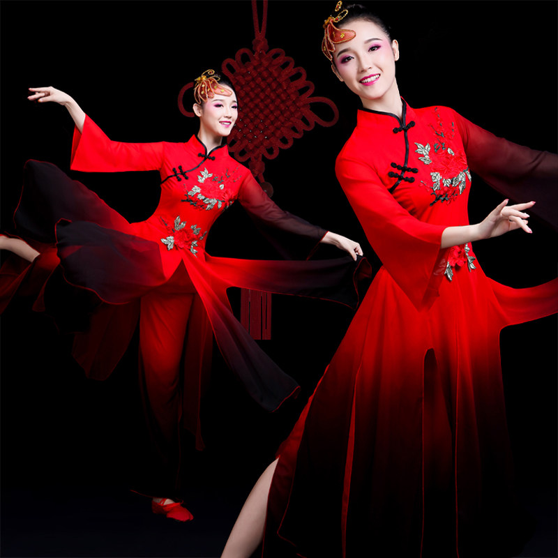 水墨清新淡雅红色古典舞演出服女