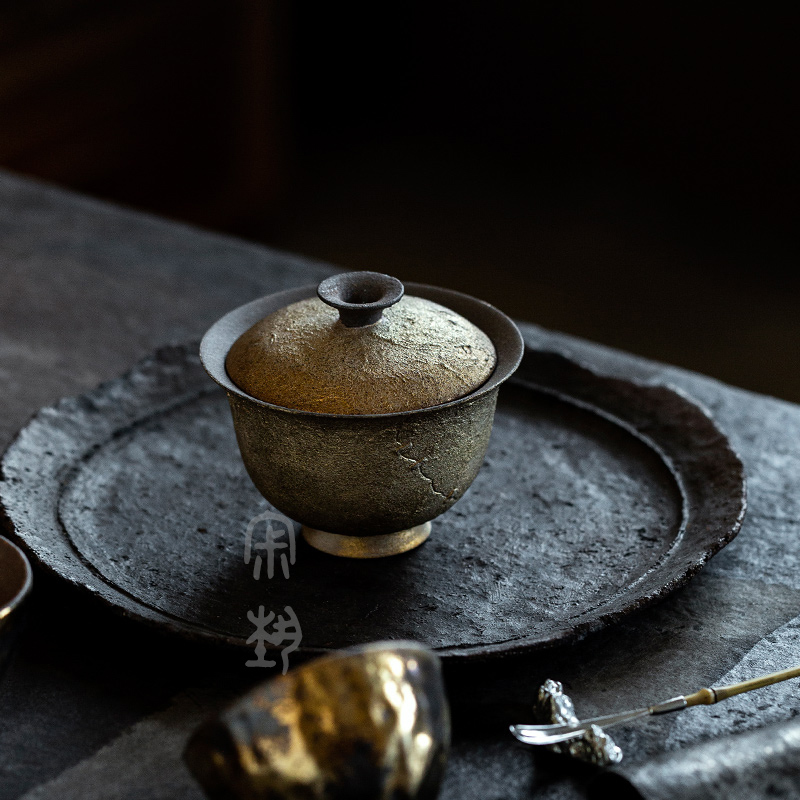 寂艺鎏银锔钉二才盖碗手作烧银泊泡茶碗功夫茶具小容量茶碗茶杯