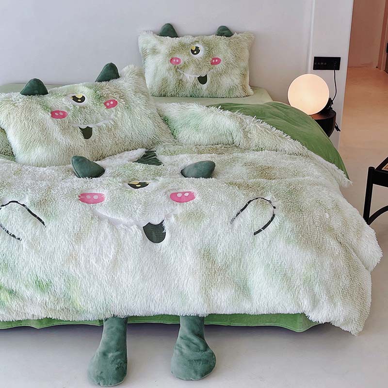 冬季卡通小怪兽水貂绒四件套珊瑚绒加厚加绒双面毛绒牛奶绒被套