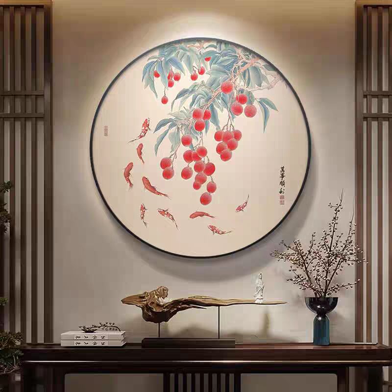 招财九鱼图入户玄关装饰画荔枝圆形走廊过道挂画旺运锦鲤中式壁画
