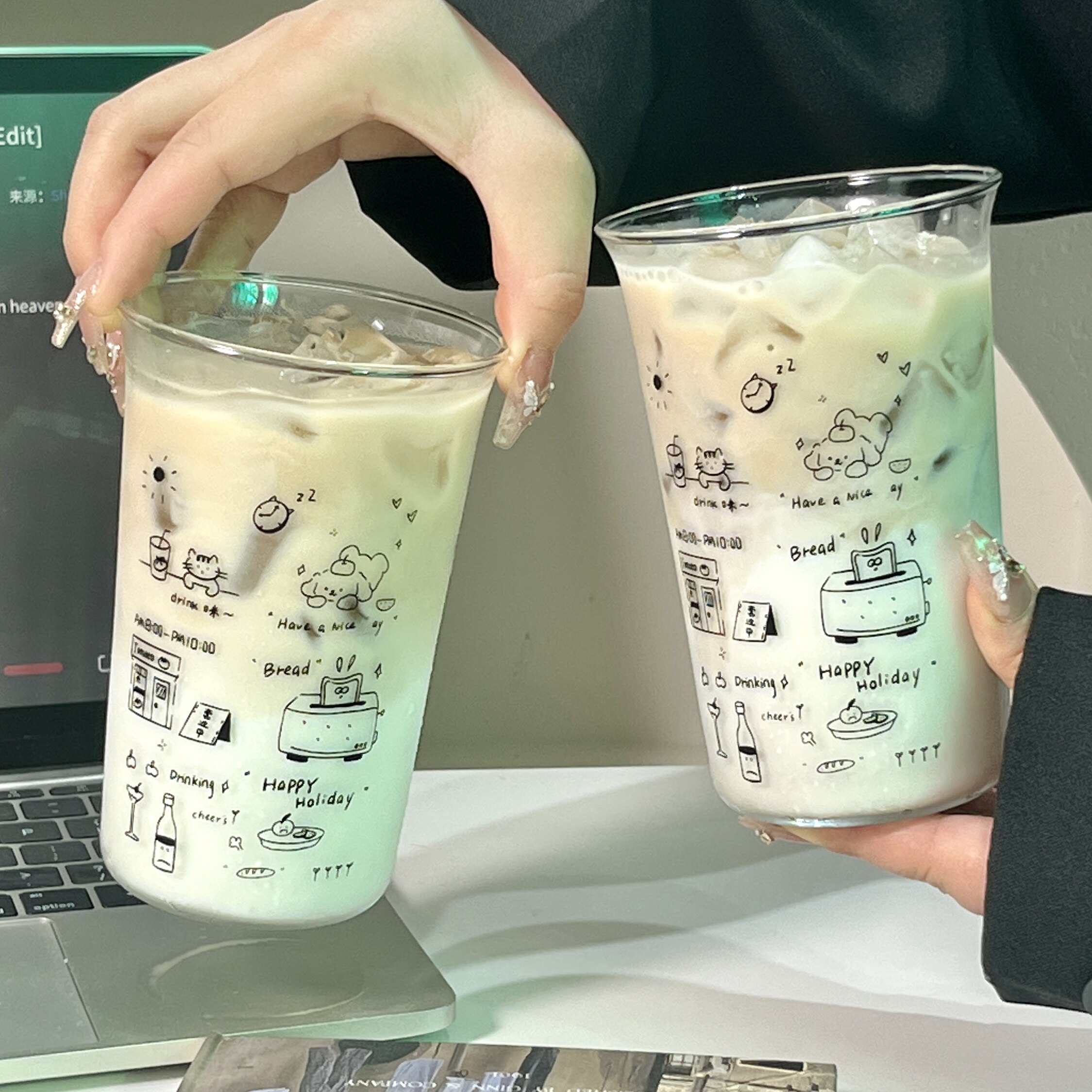 ins可爱涂鸦印花玻璃杯翻口杯牛奶果汁咖啡杯高颜值喝水杯耐高温