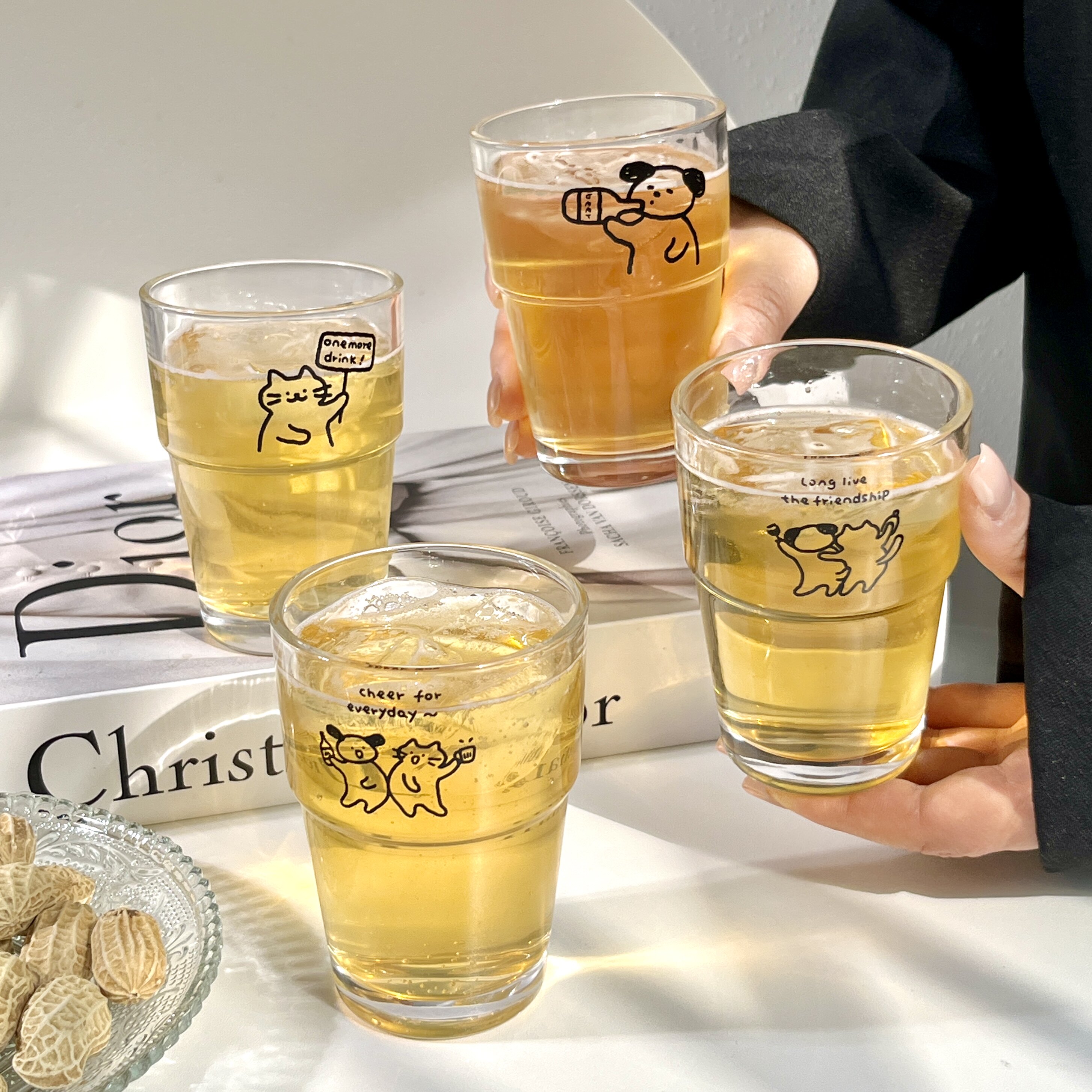 【4只装】原创可爱玻璃杯家用耐高温喝水杯子咖啡杯果汁饮料酒杯