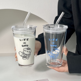 原创小狗高颜值饮料吸管杯ins咖啡奶茶冷饮杯带盖玻璃水杯耐高温