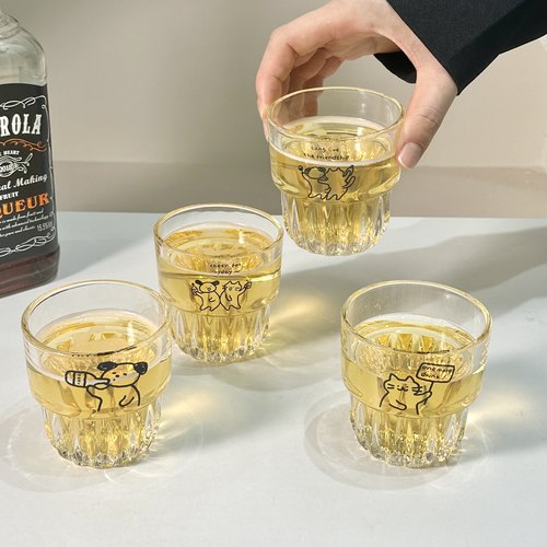 4只装原创可爱小狗玻璃杯可叠杯喝水杯牛奶咖啡杯啤酒果汁饮料杯