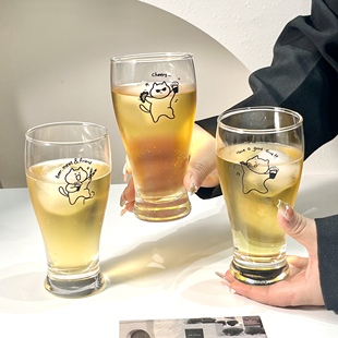 原创小猫扎啤杯玻璃杯家用精酿啤酒杯果汁饮料冷饮杯冰咖啡杯商用