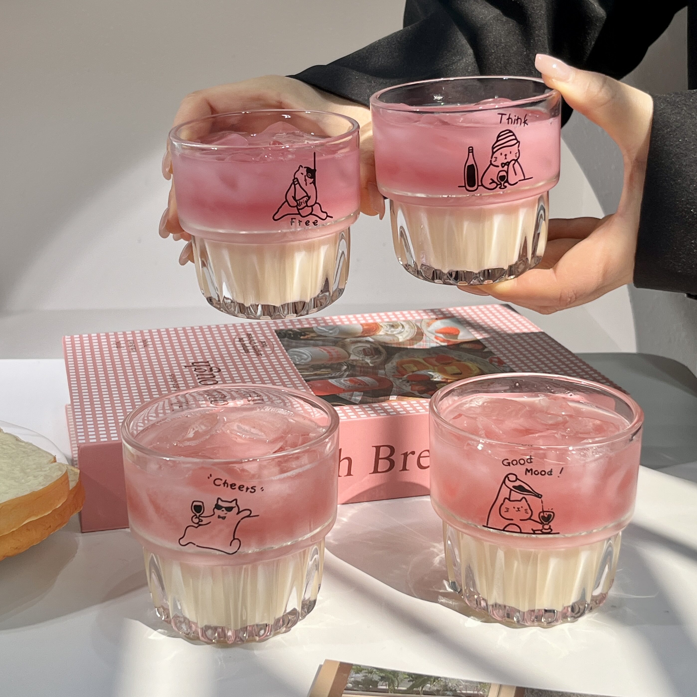 4只装ins风原创可爱小猫玻璃杯大容量喝水杯子牛奶咖啡果汁饮料杯