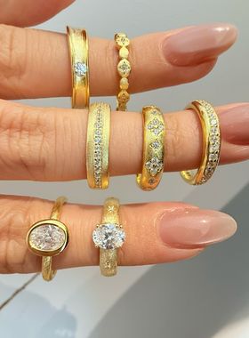 s925纯银戒指女拉丝磨砂18k金中古风重工满天星排戒爆闪高碳钻