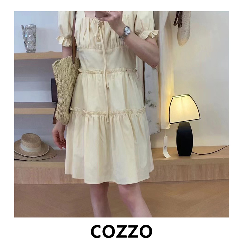 COZZO 2023夏季新款连衣裙女法式方领收腰显瘦韩版气质泡泡袖长裙