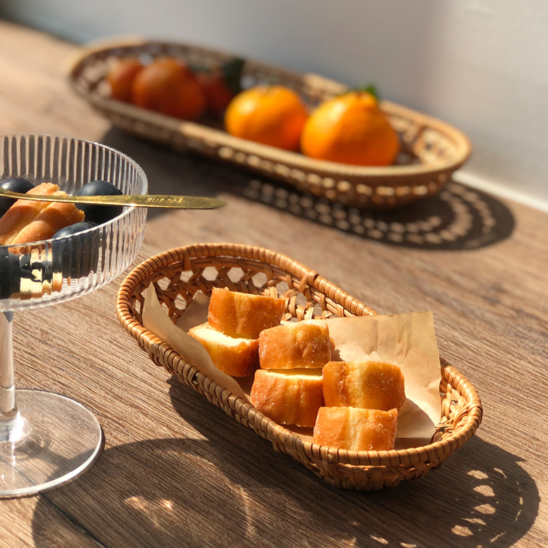 复古ins风日式藤编镂空果篮小巧点心编织篮毛巾收纳刀叉筷子托盘
