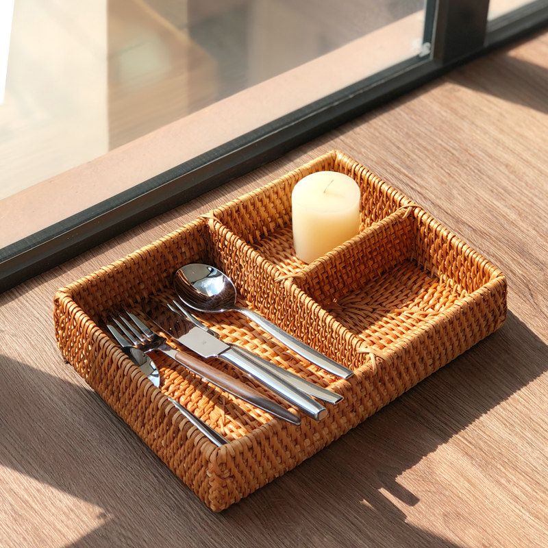 越南藤编钥匙遥控器收纳盒桌面分格收纳盒刀叉篮餐具整理盘收纳篮,收纳整理,桌面收纳盒,淘宝优惠券,粉丝福利购,淘宝优惠卷