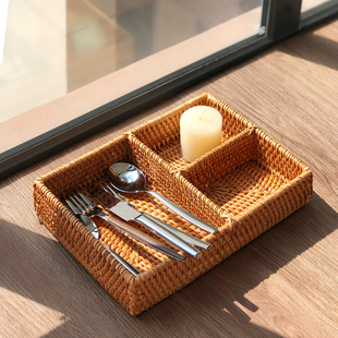 越南藤编钥匙遥控器收纳盒桌面分格收纳盒刀叉篮餐具整理盘收纳篮