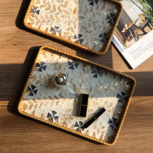 法式轻奢天然纯手工藤编贝壳托盘家用客厅茶盘收纳筐干果水果盘子