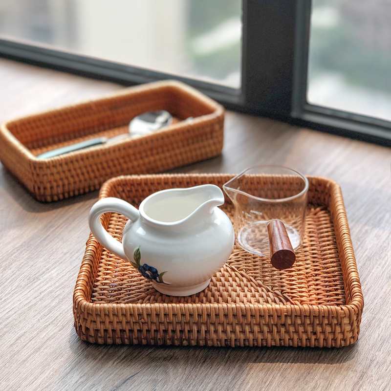 越南藤编托盘餐桌收纳茶杯水杯水具茶盘客厅长方形蛋糕点零食果盘