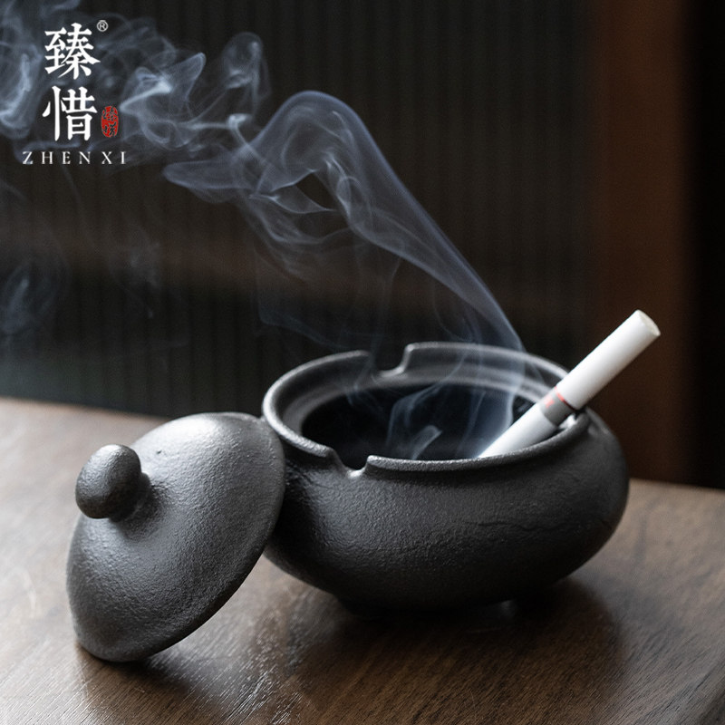 臻惜现代简约陶瓷烟灰缸创意时尚带盖烟灰缸卧室客厅茶道零配件_虎窝淘