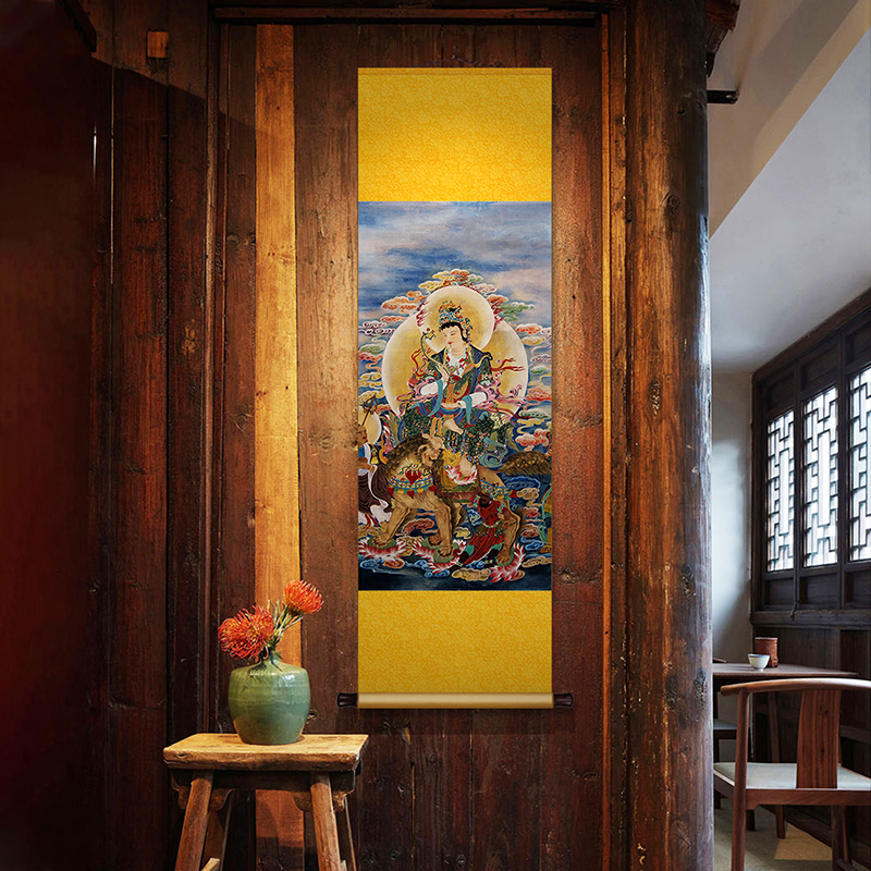 文殊菩萨佛像丝绸卷轴挂画新中式竖版玄关书房装饰画佛堂寺庙壁画