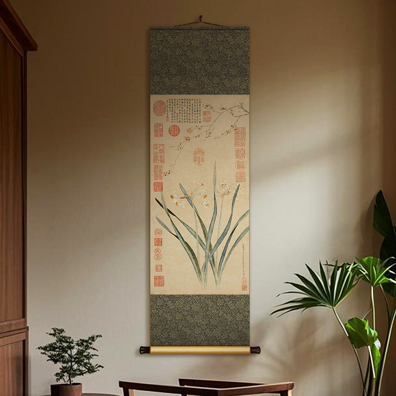 仇英水仙腊梅图国画新中式书房丝绸卷轴挂画客餐厅玄关过道装饰画