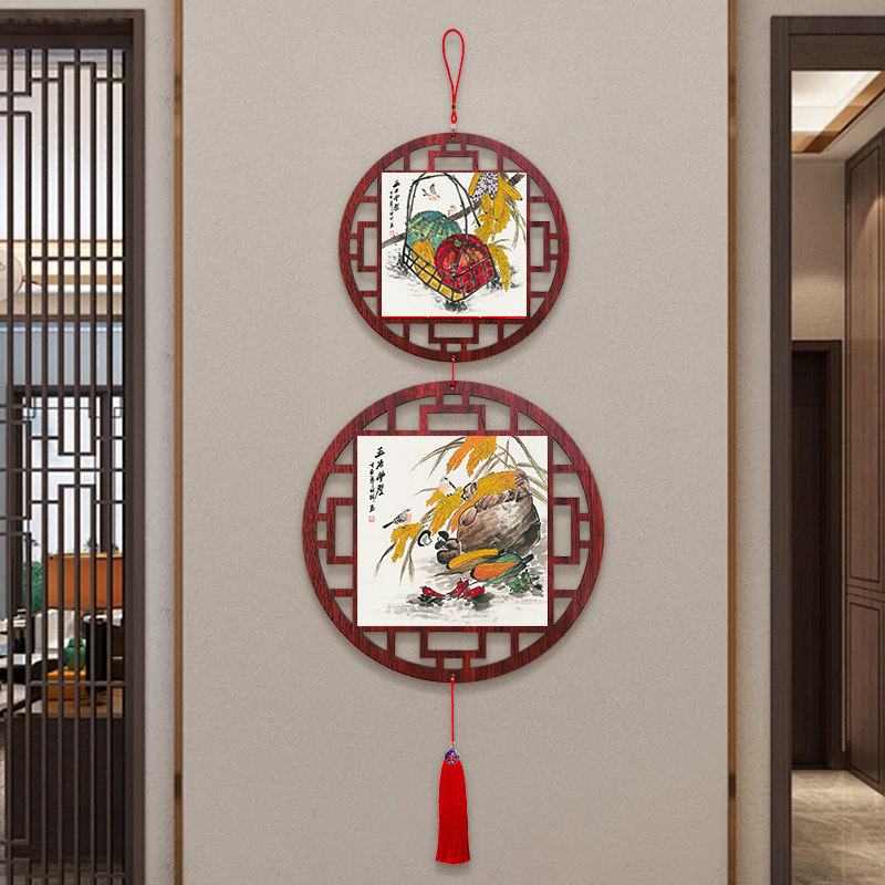葫芦丰收图入户门玄关中国结挂件新中式圆形装饰画客餐厅过道挂饰