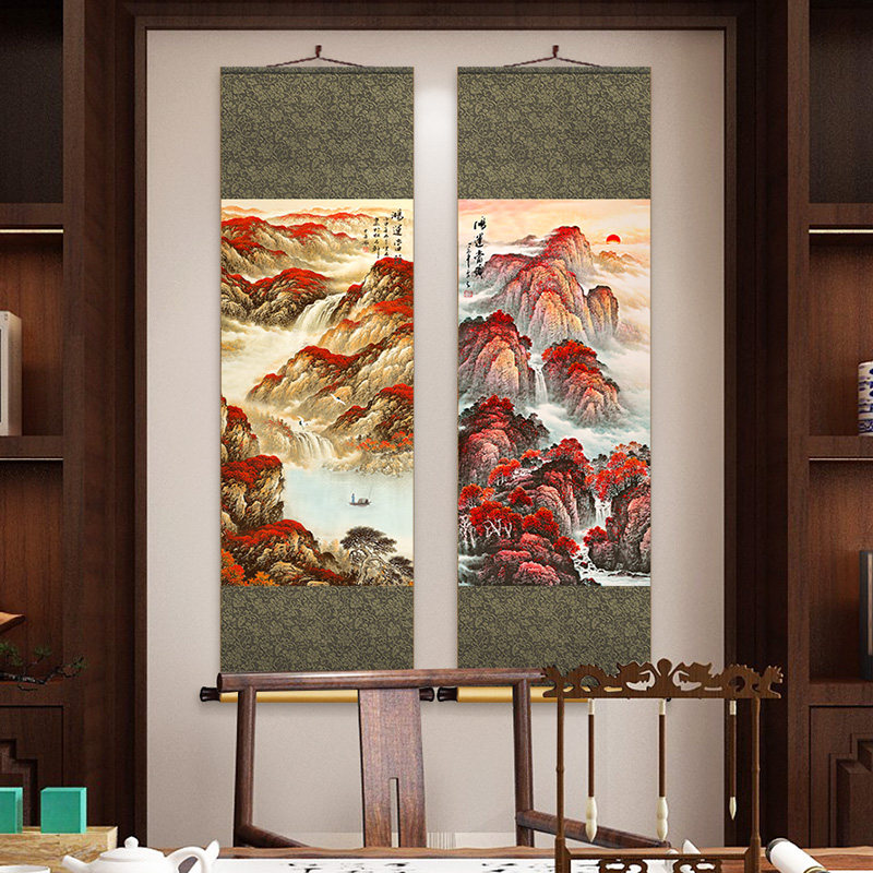 鸿运当头新中式丝绸卷轴挂画客厅招财山水装饰画餐厅书房墙壁画,家居饰品,现代装饰画,淘宝优惠券,粉丝福利购,淘宝优惠卷
