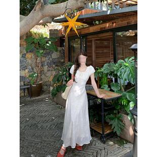 法式杏色绑带圆领短袖连衣裙女夏季收腰显瘦a字裙温柔风气质长裙